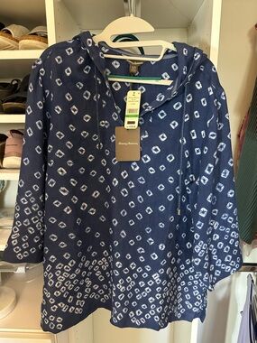 Tommy Bahama NWT Navy Blue Printed Linen Hooded Tunic $138 Retail